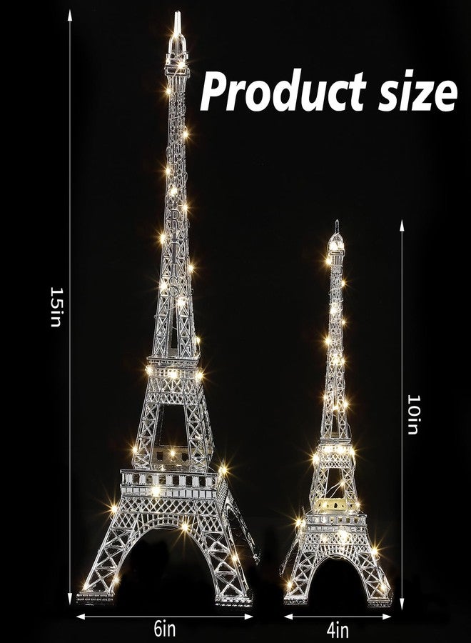 DoubleFill تمثالان معدنيان لبرج إيفل من دبل فيل، مقاس 10 بوصات و15 بوصة، مجسم لبرج إيفل، ديكور مستوحى من باريس مع سلسلتين من الأضواء لتزيين الكيك وطاولة الحفلات والمطبخ (فضي). - Image 2